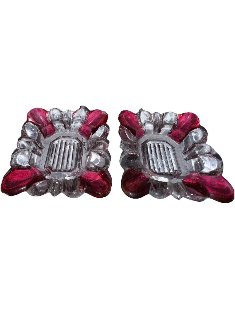 Sommerso Art Glass Trinket Dishes - Cranberry Red & Clear Pair - Mid-Century